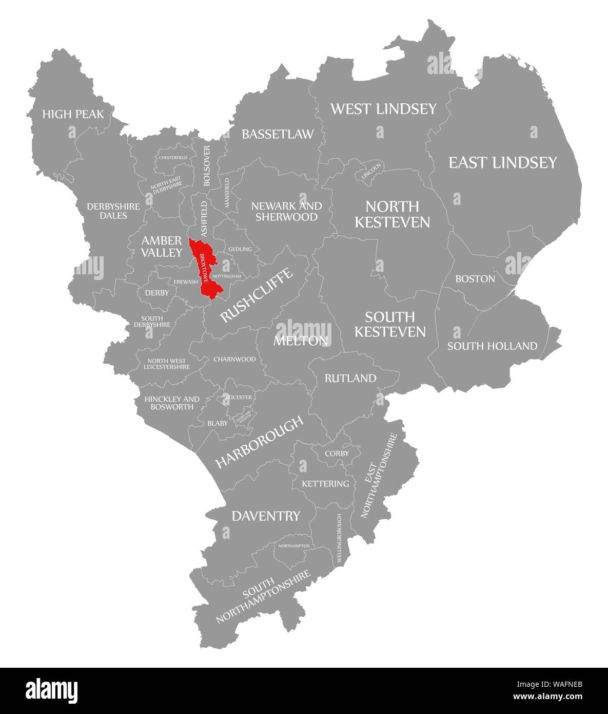 Broxtowe red highlighted in map of East Midlands England UK Stock Photo
