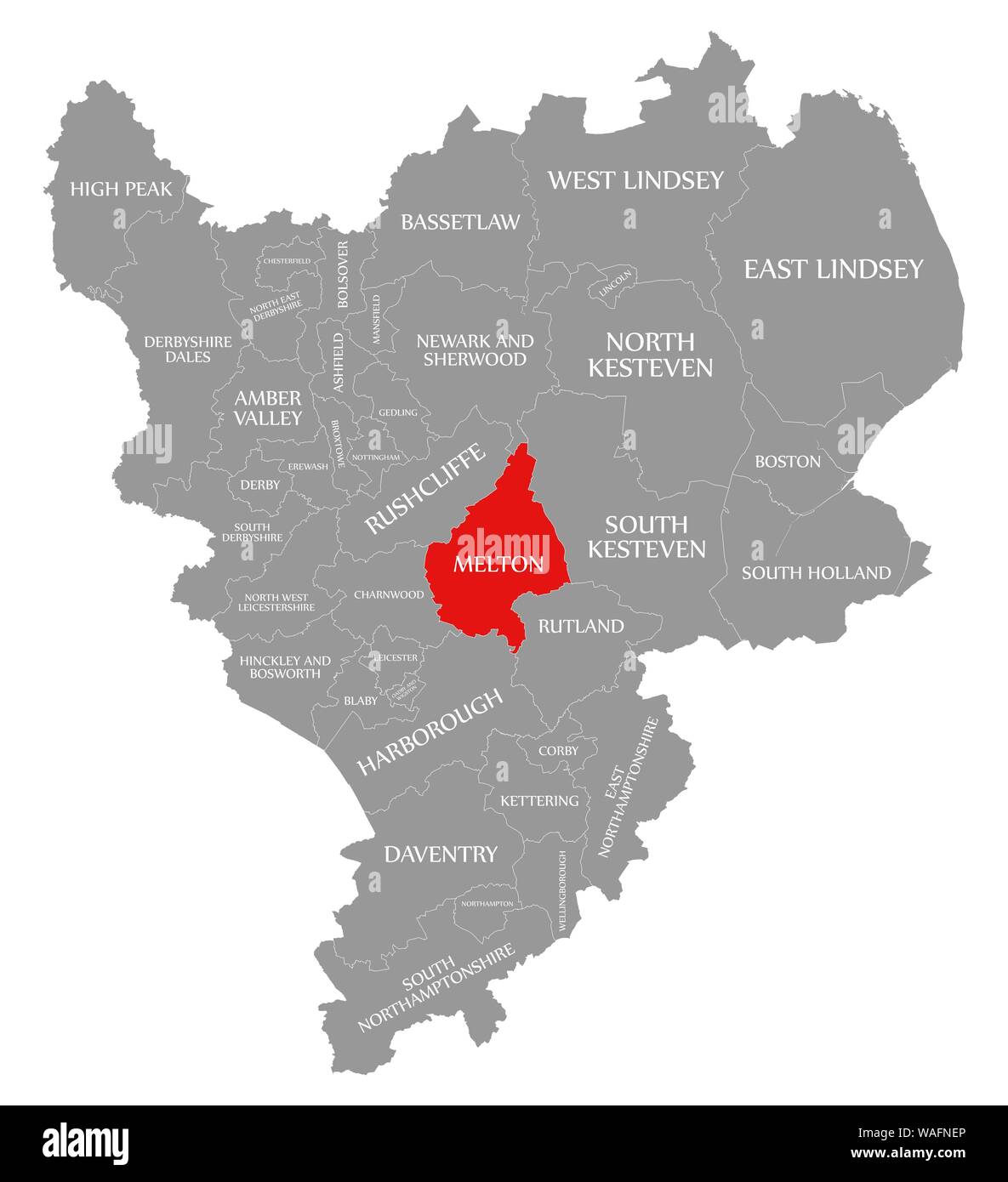 Melton red highlighted in map of East Midlands England UK Stock Photo