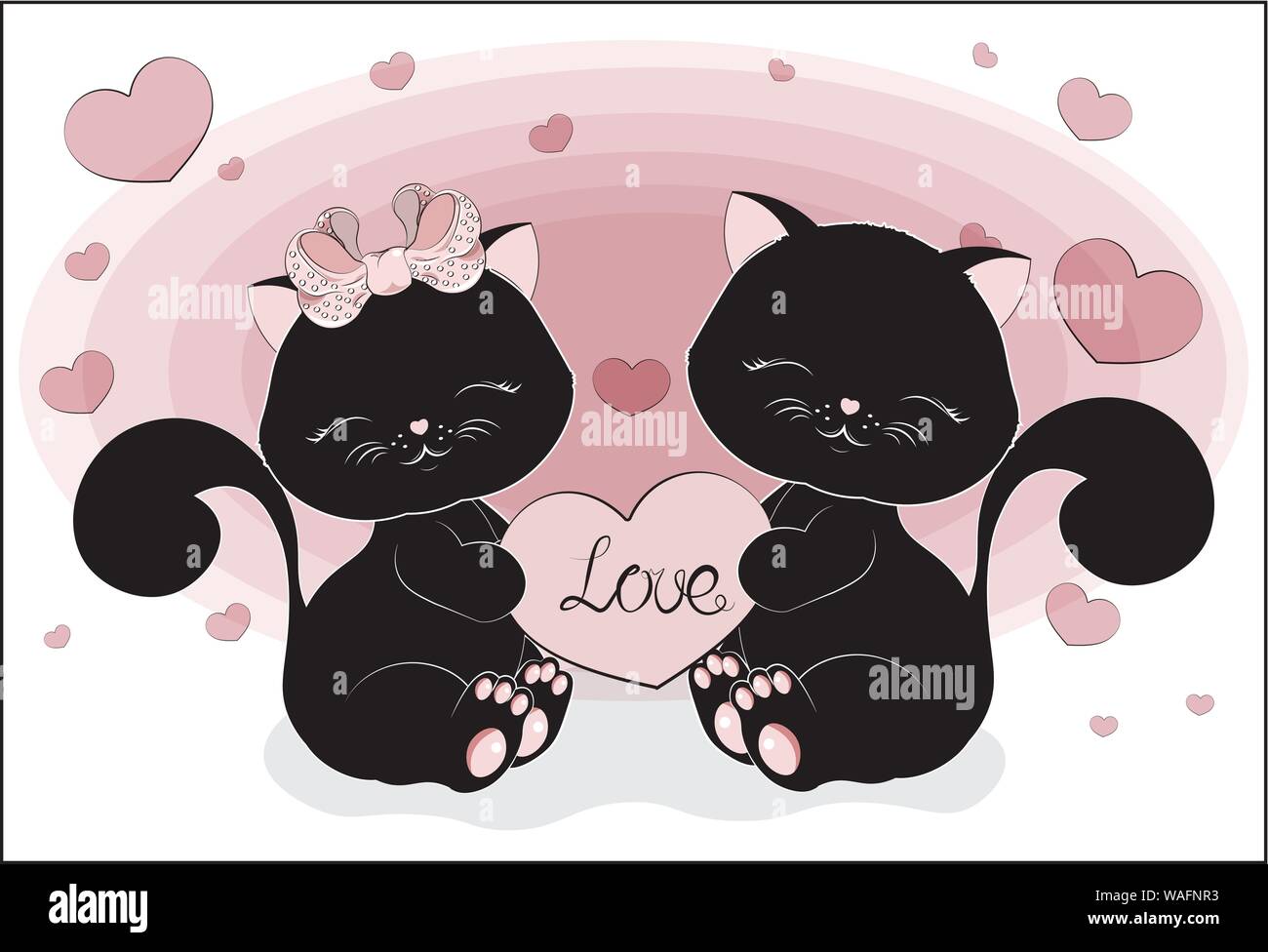 the lovely black cats couple with heart, kitten, sits and smile Stock Vector