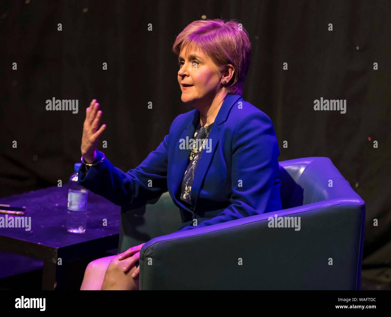 Edinburgh, Scotland, UK. 20th Aug, 2019. Scotland’s First Minister, Nicola Sturgeon, is interviewed by Matt Forde at the Edinburgh Fringe Festival.  During the hour long interview the FM said if the UK crashed out of the EU with No Deal that Jeremy Corbyn should shoulder part of the blame. Credit: Rich Dyson/Alamy Live News Stock Photo