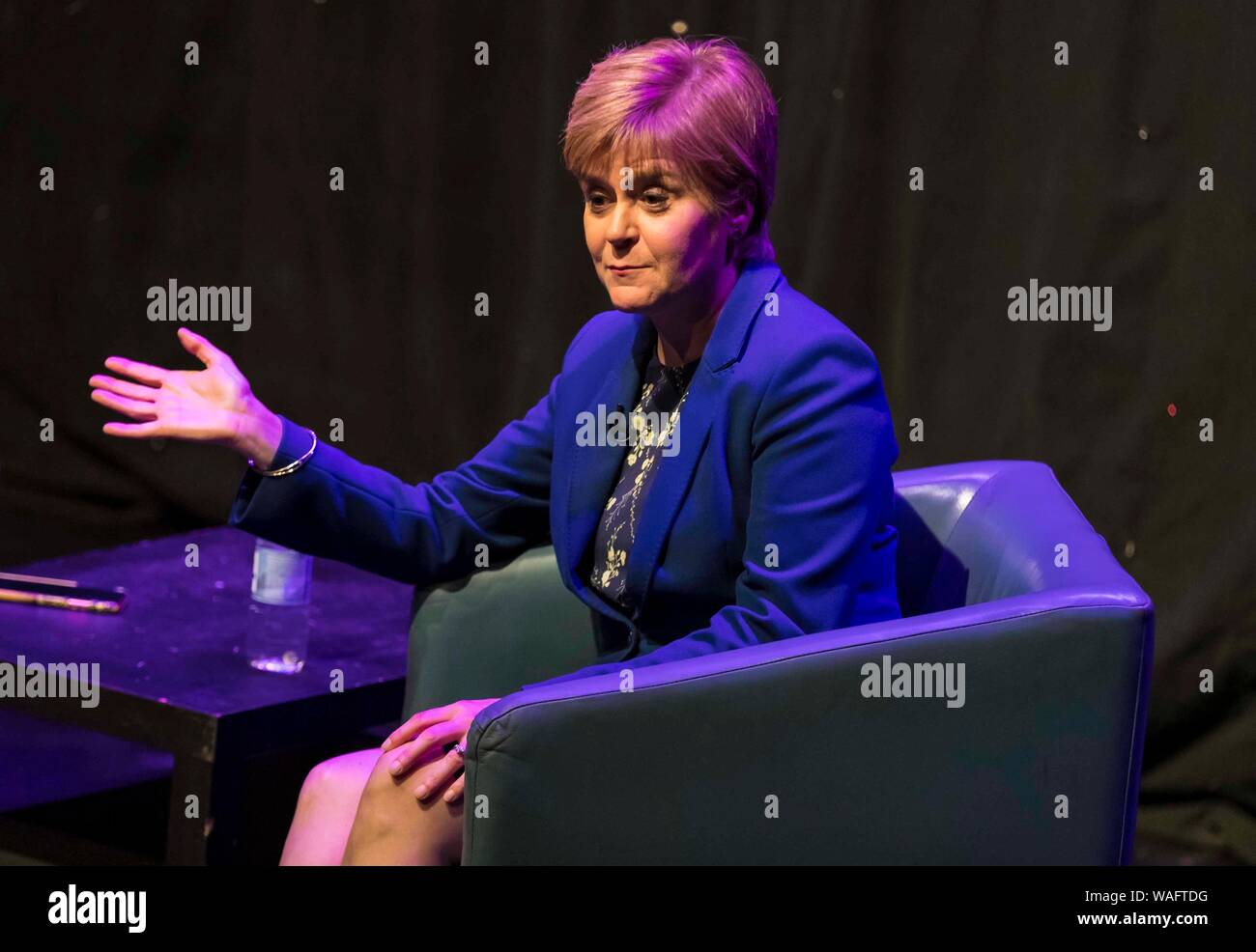 Edinburgh, Scotland, UK. 20th Aug, 2019. Scotland’s First Minister, Nicola Sturgeon, is interviewed by Matt Forde at the Edinburgh Fringe Festival.  During the hour long interview the FM said if the UK crashed out of the EU with No Deal that Jeremy Corbyn should shoulder part of the blame. Credit: Rich Dyson/Alamy Live News Stock Photo