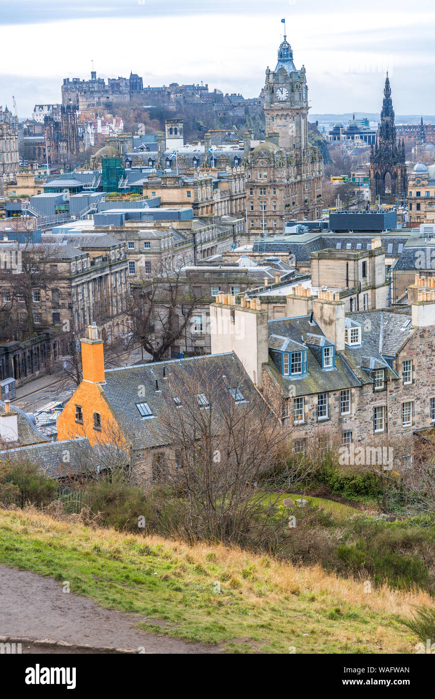 View overlooking Edinburgh from Calton Hill showing the castle and other historic monuments buildings and streets Stock Photo