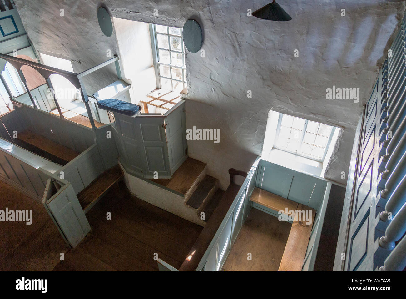 The interior of Pen Rhiw Unitarian Chapel of 1777 at St Fagans National Museum of Welsh History, Cardiff, Wales, UK Stock Photo