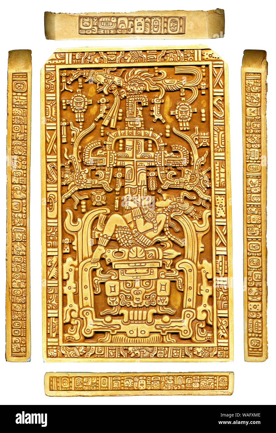 'The Palenque Astronaut' (Actually, the World Tree with Pakal offered in sacrifice) - Tourist replica of Pakal’s tomb lid. All sides. Stock Photo