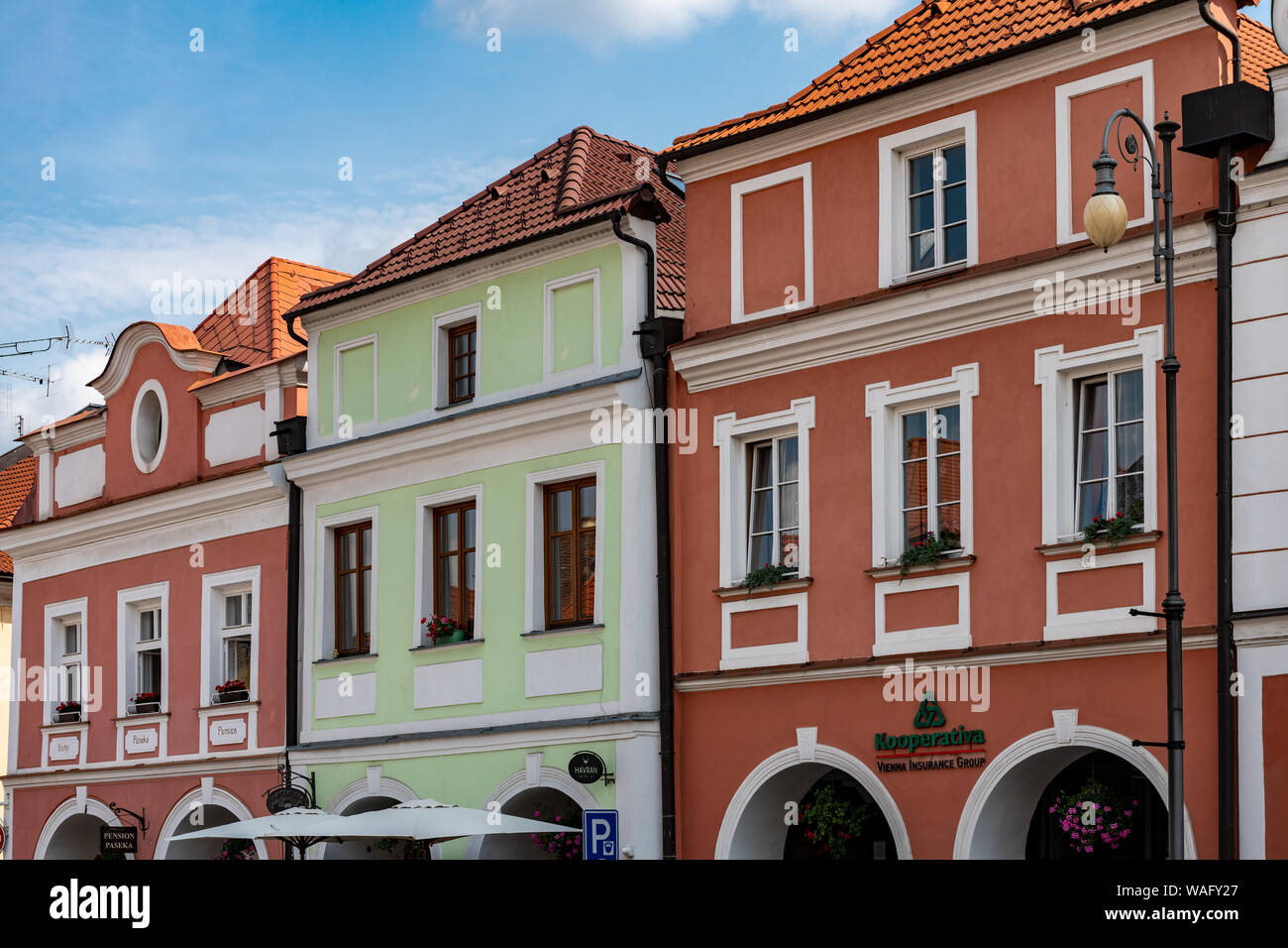 Colorful buildings line the streets of Litomysl, Czech Republic Stock Photo