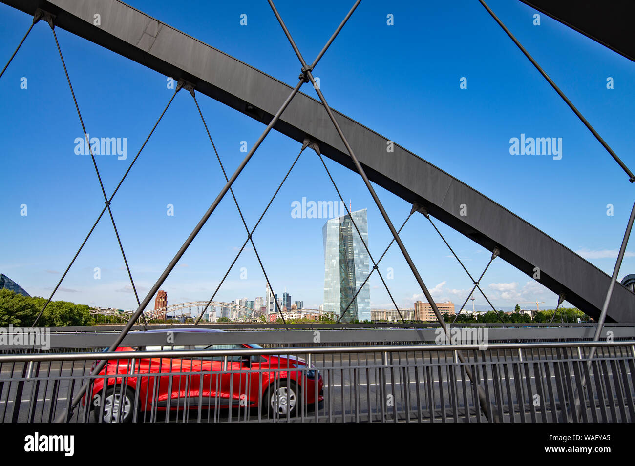 View from the Osthafen bridge to the European Central Bank (ECB) with the skyline of Frankfurt in the background Stock Photo