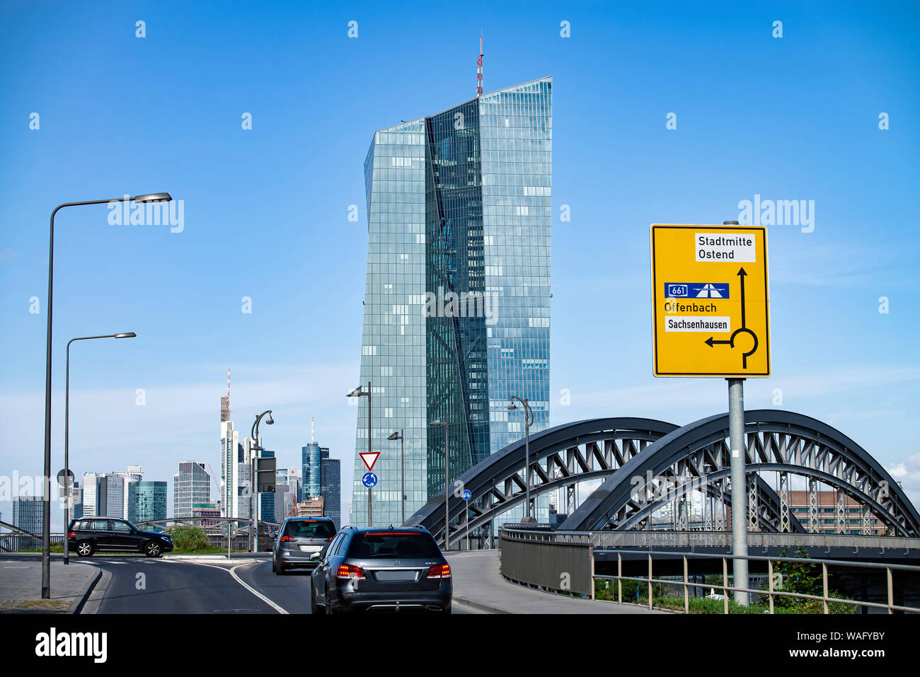 View from Osthafen to the European Central Bank (ECB) with the Honsellbrücke and the skyline of Frankfurt in the background Stock Photo