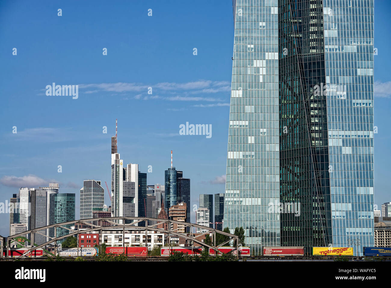European Central Bank (ECB) with the skyline of Frankfurt in the background Stock Photo