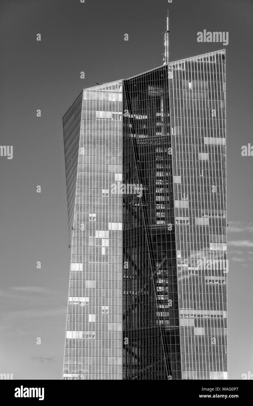 European Central Bank (ECB) in detail. Black and white with a dramatic sky. Stock Photo