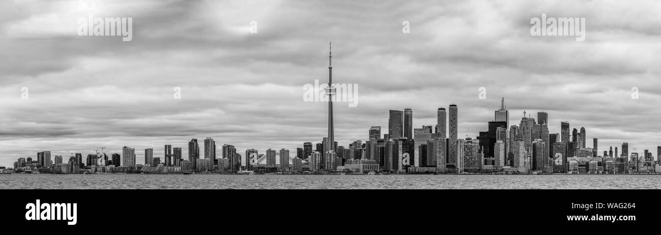 A back and white panorama picture of the Toronto Skyline taken from the islands across. Stock Photo