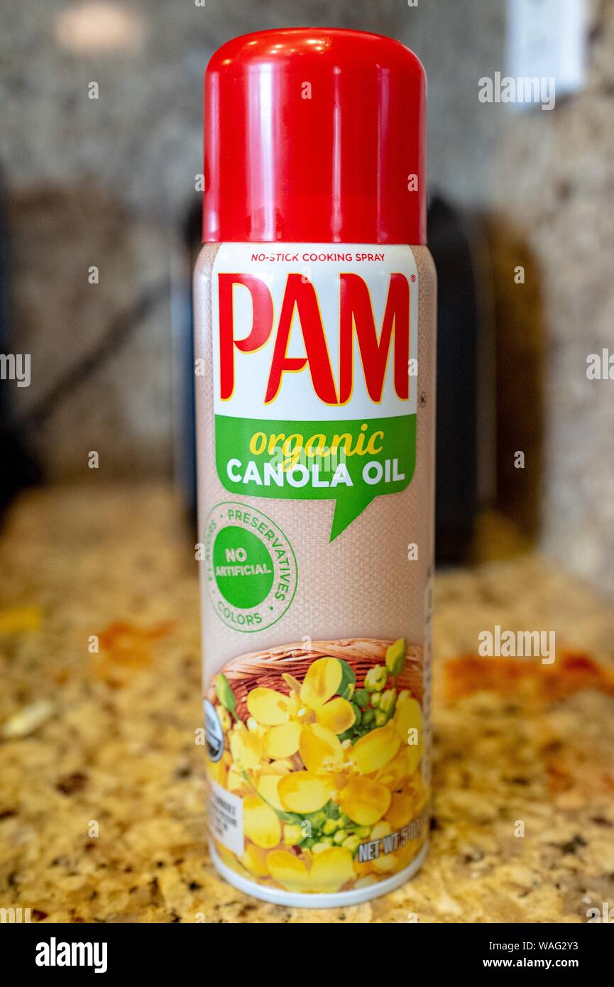 Closeup of Pam cooking spray in a domestic kitchen, Organic Canola oil