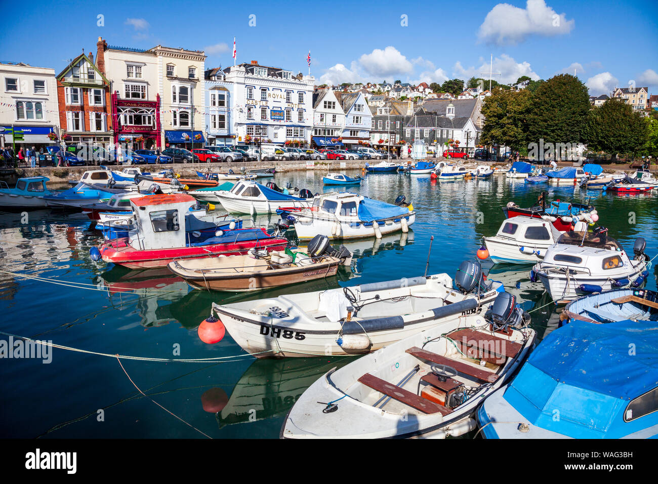 Boats moored in Dartmouth inner harbour in Devon, England Stock Photo