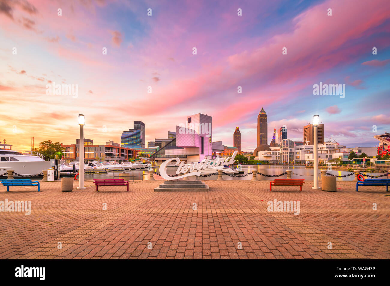 AUGUS1 10, 2019 - CLEVELAND, OHIO: The landmark skyline of downtown Cleveland from Voinovich Bicentennial Park in the early morning. Stock Photo
