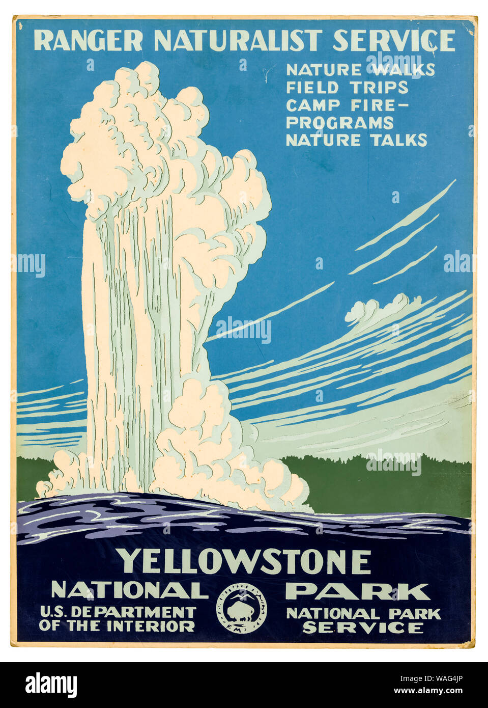Vintage travel poster, Yellowstone National Park, Ranger Naturalist Service, Old Faithful Geyser, circa 1938, 1930s Stock Photo