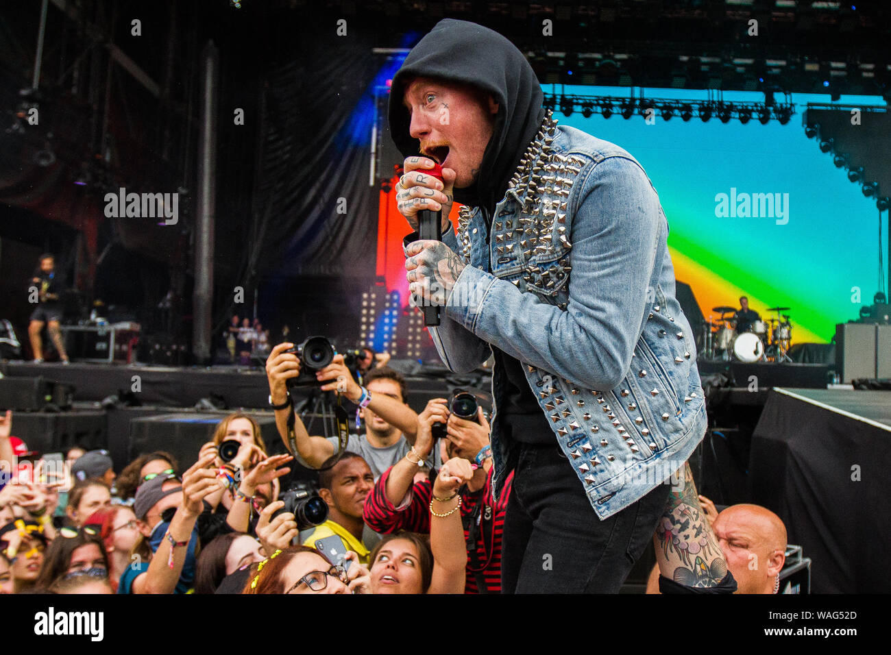 Budapest, Hungary. 13th Aug, 2019. Frank Carter & The Rattlesnakes are an English punk rock band formed in 2015 by former Gallows and Pure Love frontman Frank Carter.The Band is formed by Frank Carter, Dean Richardson, Tom 'Tank' Barclay, Gareth Grover. The band opened the last day of Sziget Festival 2019 before the show of Foo Fighters. (Photo by Luigi Rizzo/Pacific Press) Credit: Pacific Press Agency/Alamy Live News Stock Photo