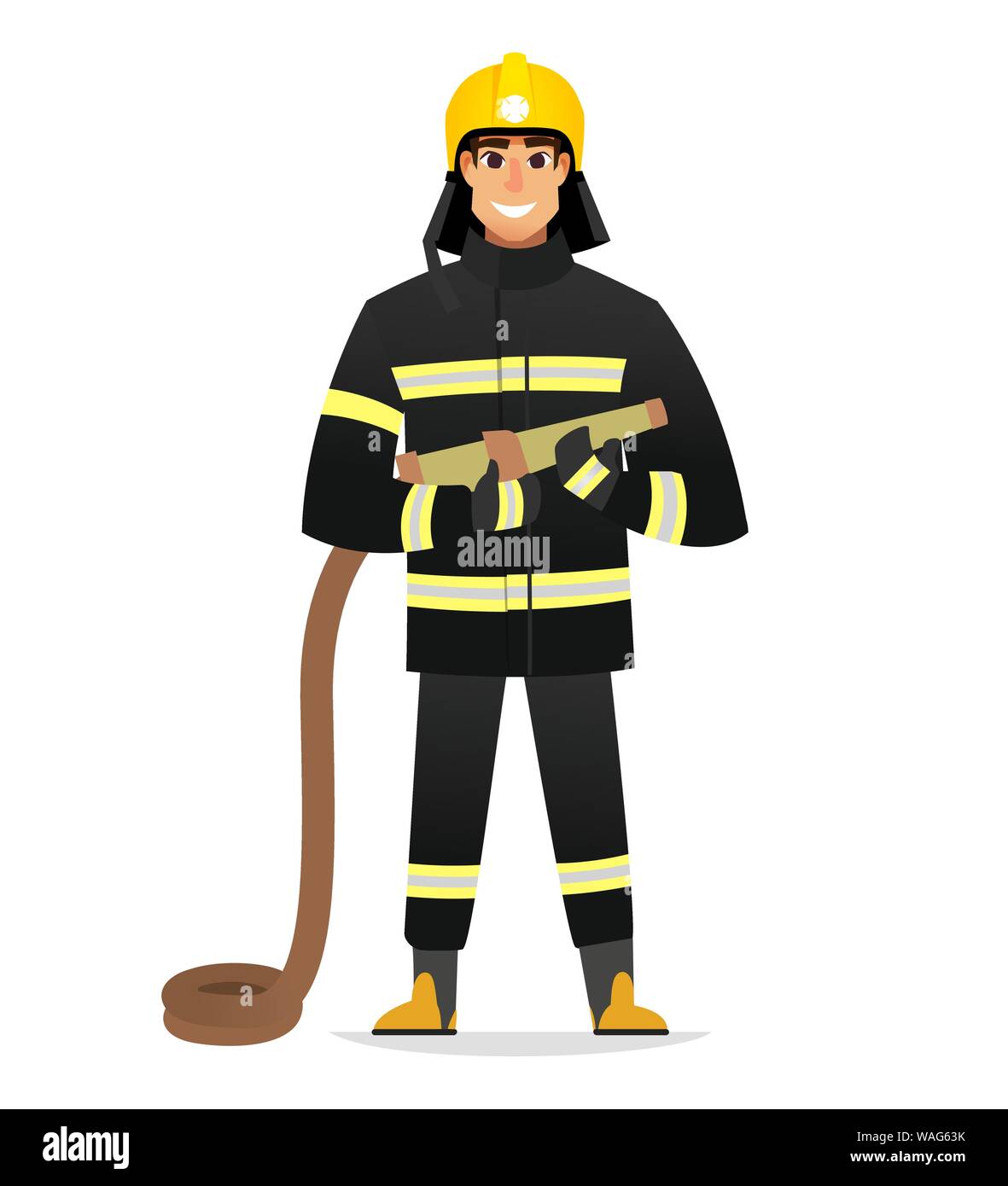 Smiling Firefighter, man from fire brigade, standing full face in form of fireman, with personal protective equipment, bunker or turnout gear. Vector Stock Vector