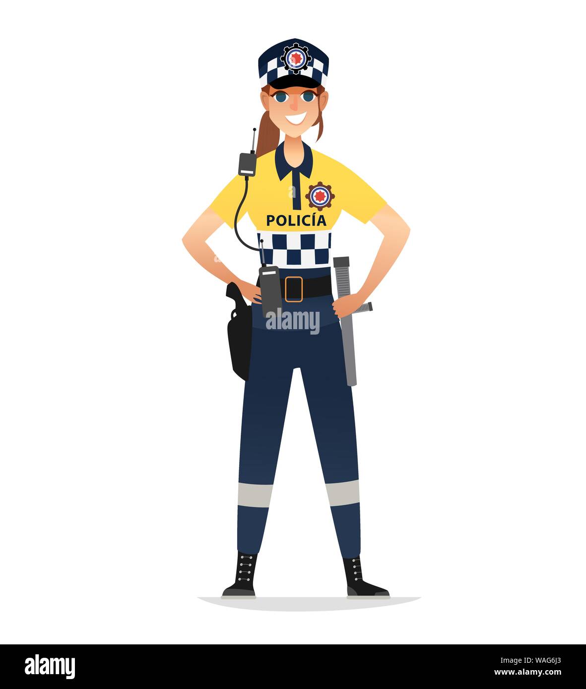 Police woman wearing patrol summer uniform. Happy smiling Europe policewoman agents. Isolated Stock Vector