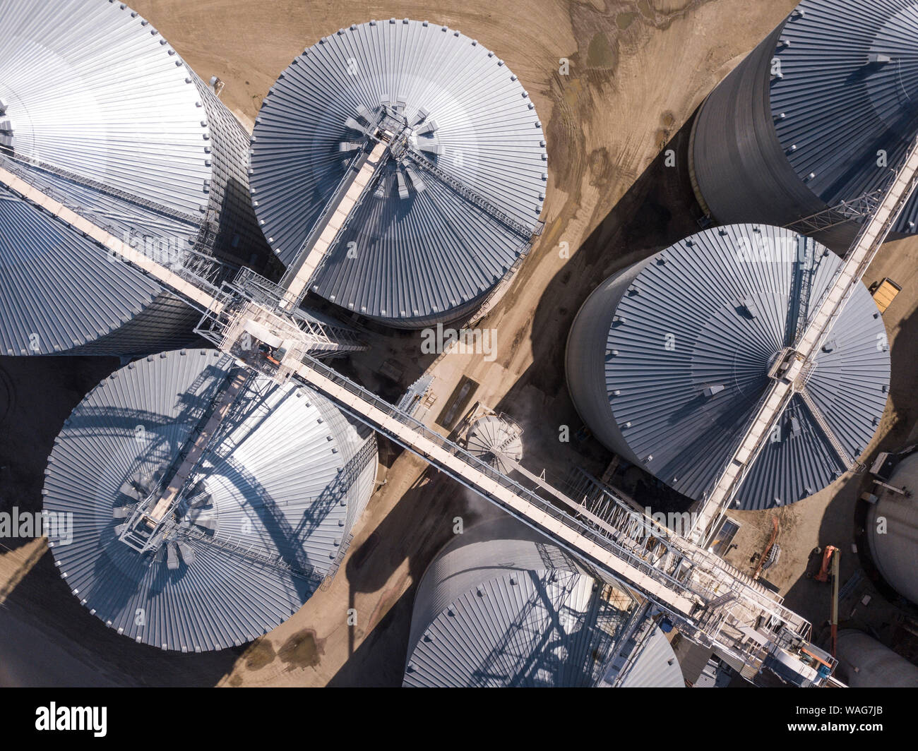 Aerial overhead view of grain storage elevators in South Dakota, USA. Stock Photo
