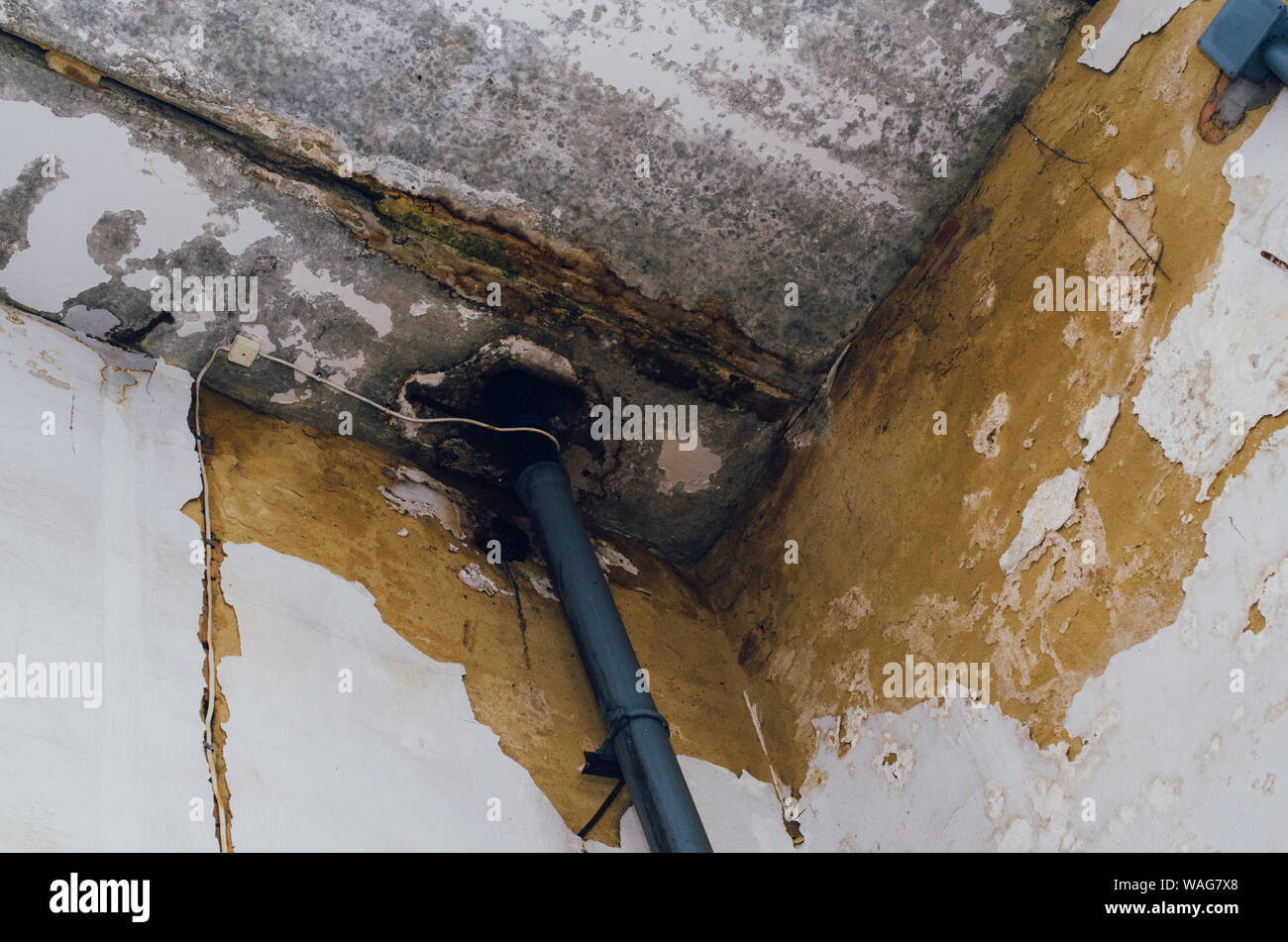 Big wet spots and cracks on the ceiling of the domestic house room