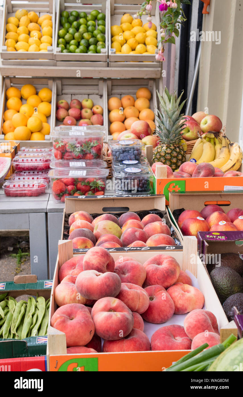 A display of fruit at a British independent high street grocers, Britain UK Stock Photo