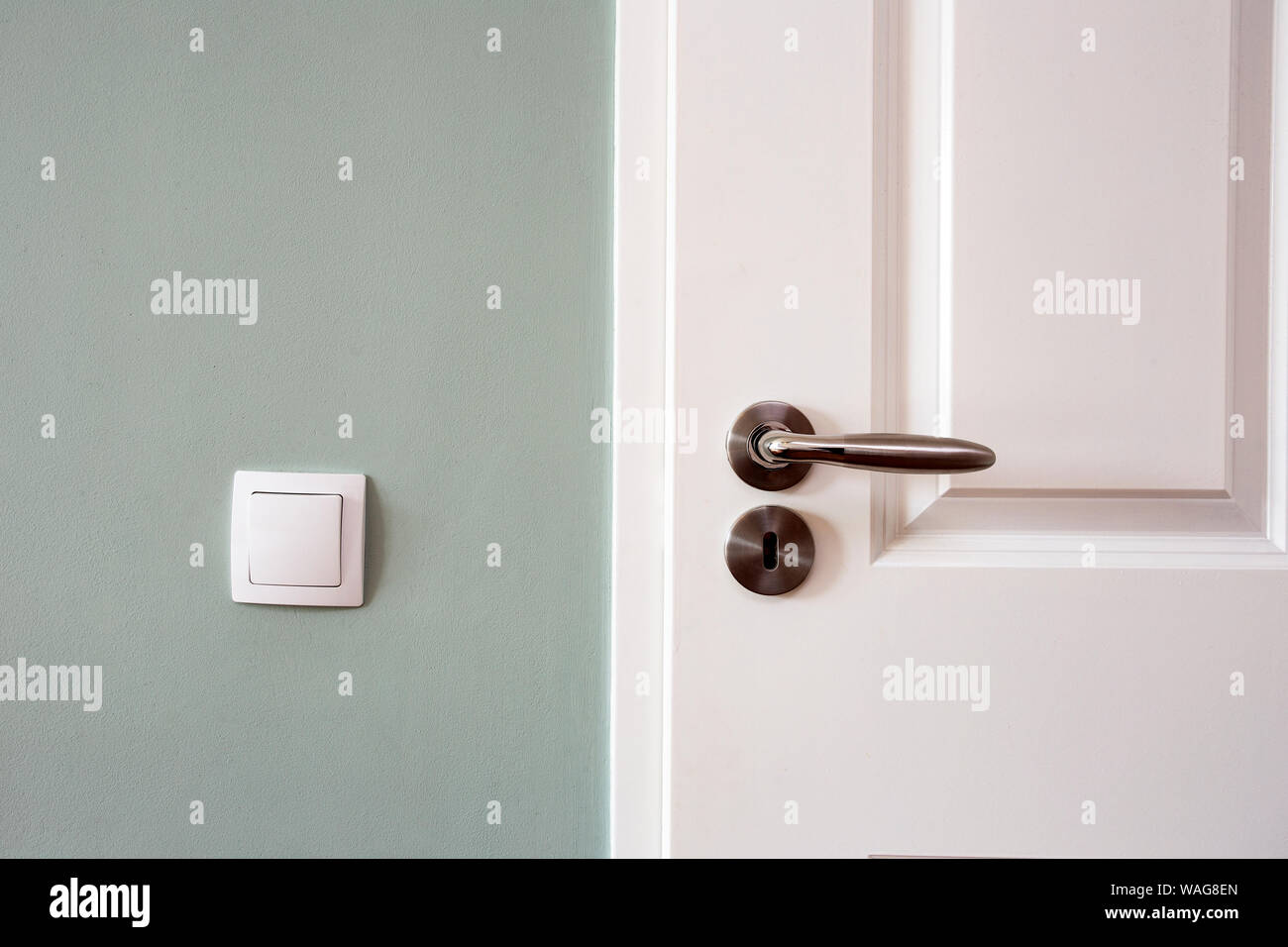 Modern white door with chrome door handle and light switch, new clean