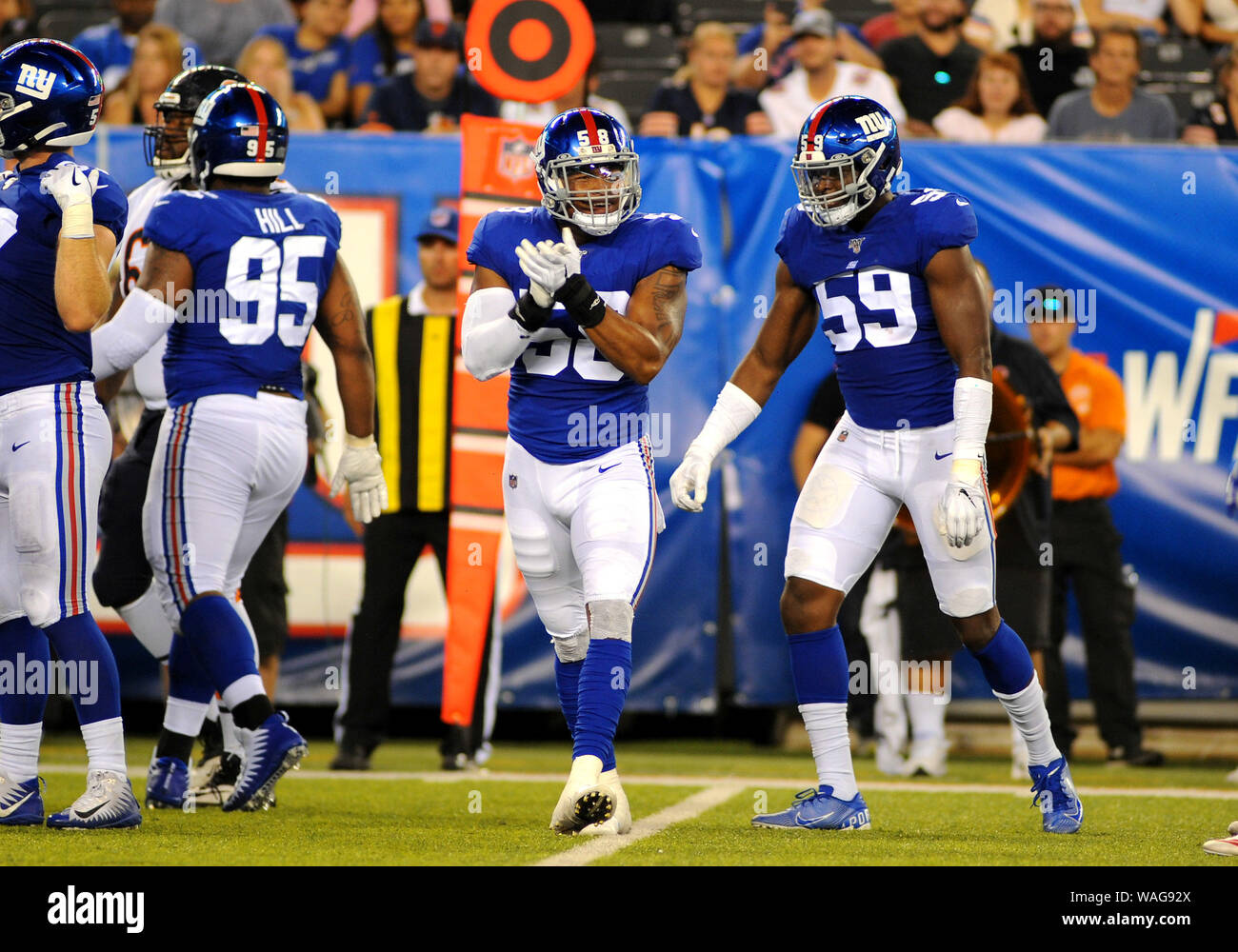 August 16, 2019: August 16, 2019 : New York Giants Linebacker TAE DAVIS (58) celebrates a big hit during the game against the Chicago Bears. The game took place at Met Life Stadium, East Rutherford, NJ. (Credit Image: © Bennett CohenZUMA Wire) Stock Photo