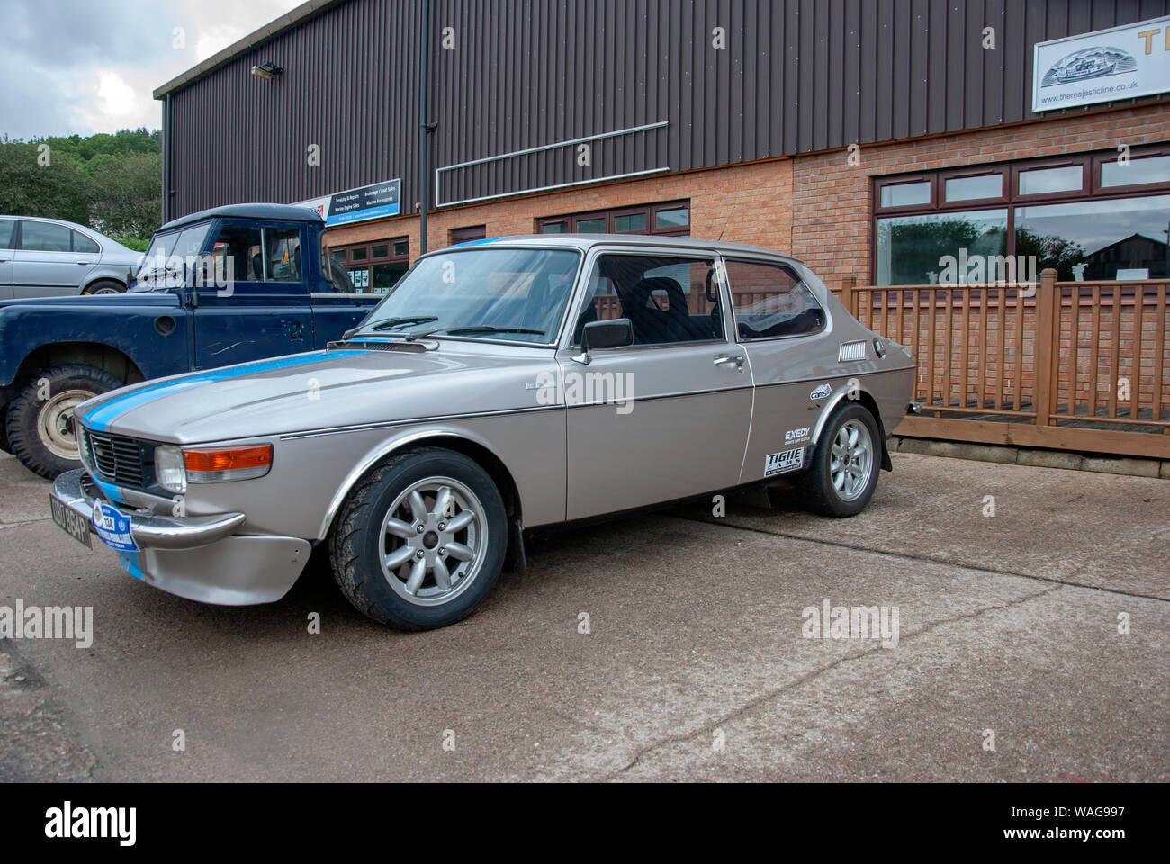 1975 Silver Swedish Saab 99EMS Rally Sprint Saloon Car front nearside passenger side view 2 door parked Holy Loch Marina nobody Stock Photo