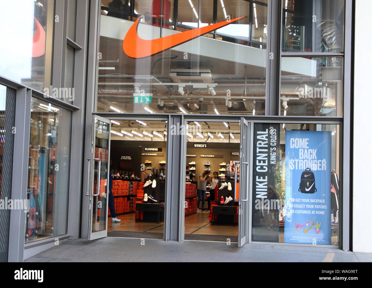 London, UK. 19th Aug, 2019. Nike Swoosh logo outside the Nike shop in the  recently developed Kings Boulevard and Pancras Square behind London's Kings  Cross Rail station Credit: Keith Mayhew/SOPA Images/ZUMA Wire/Alamy