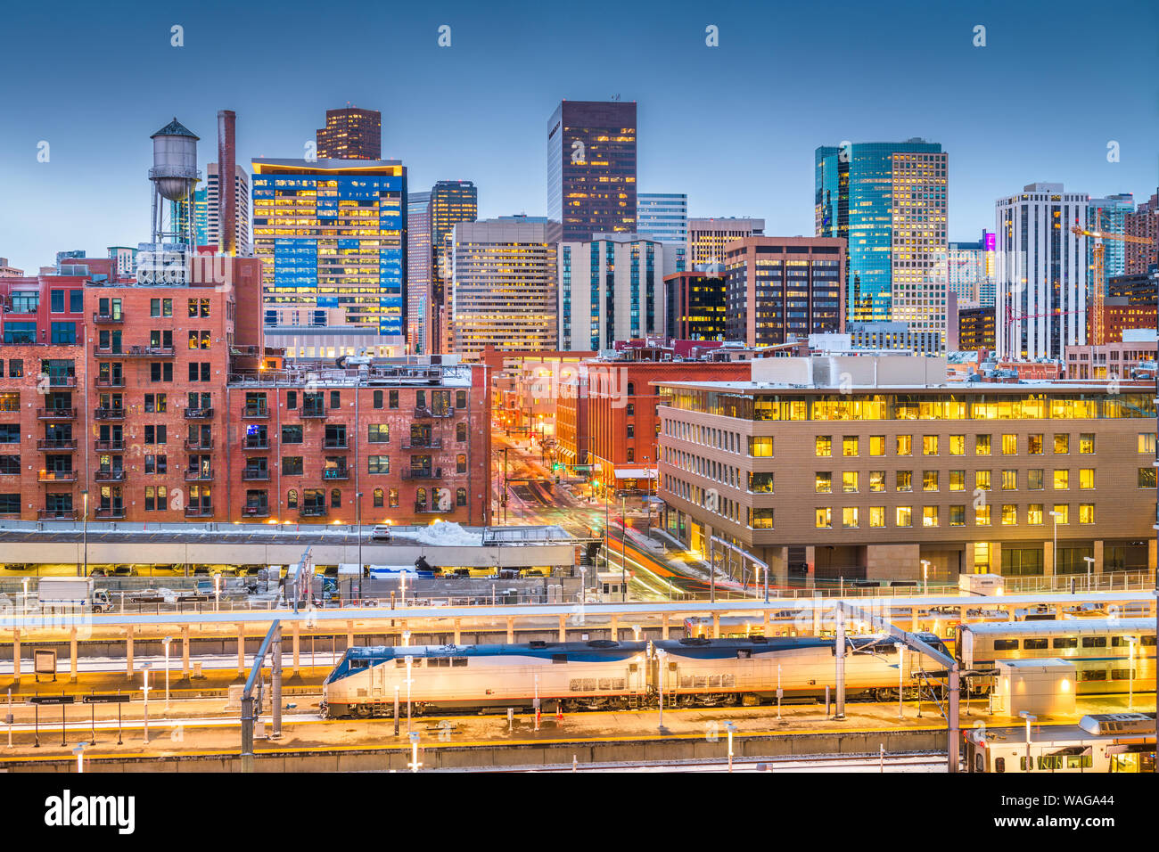 Denver, Colorado, USA downtown cityscape over the train station at twilight. Stock Photo