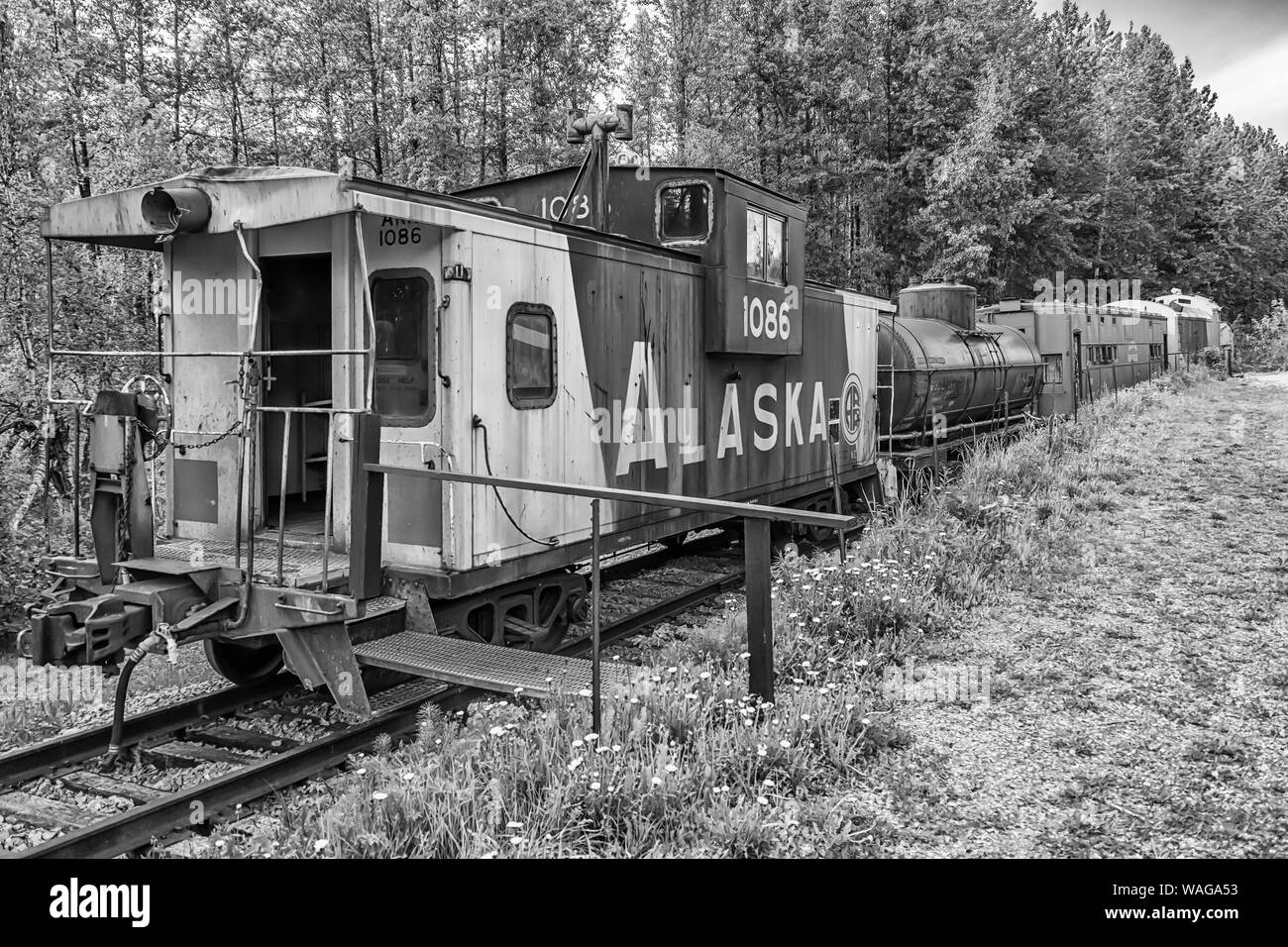 Disused Caboose Car at Curry, a stop between Talkeetna and Hurricane Gulch on the Alaska Railroad Hurricane Turn Train, Alaska Stock Photo