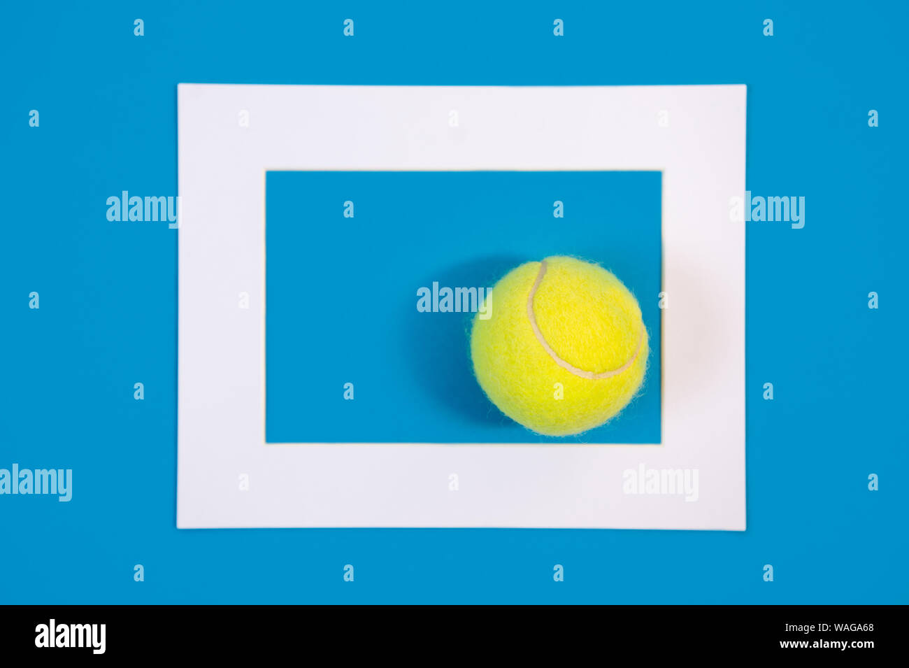 Big tennis ball on blue hard court background Stock Photo