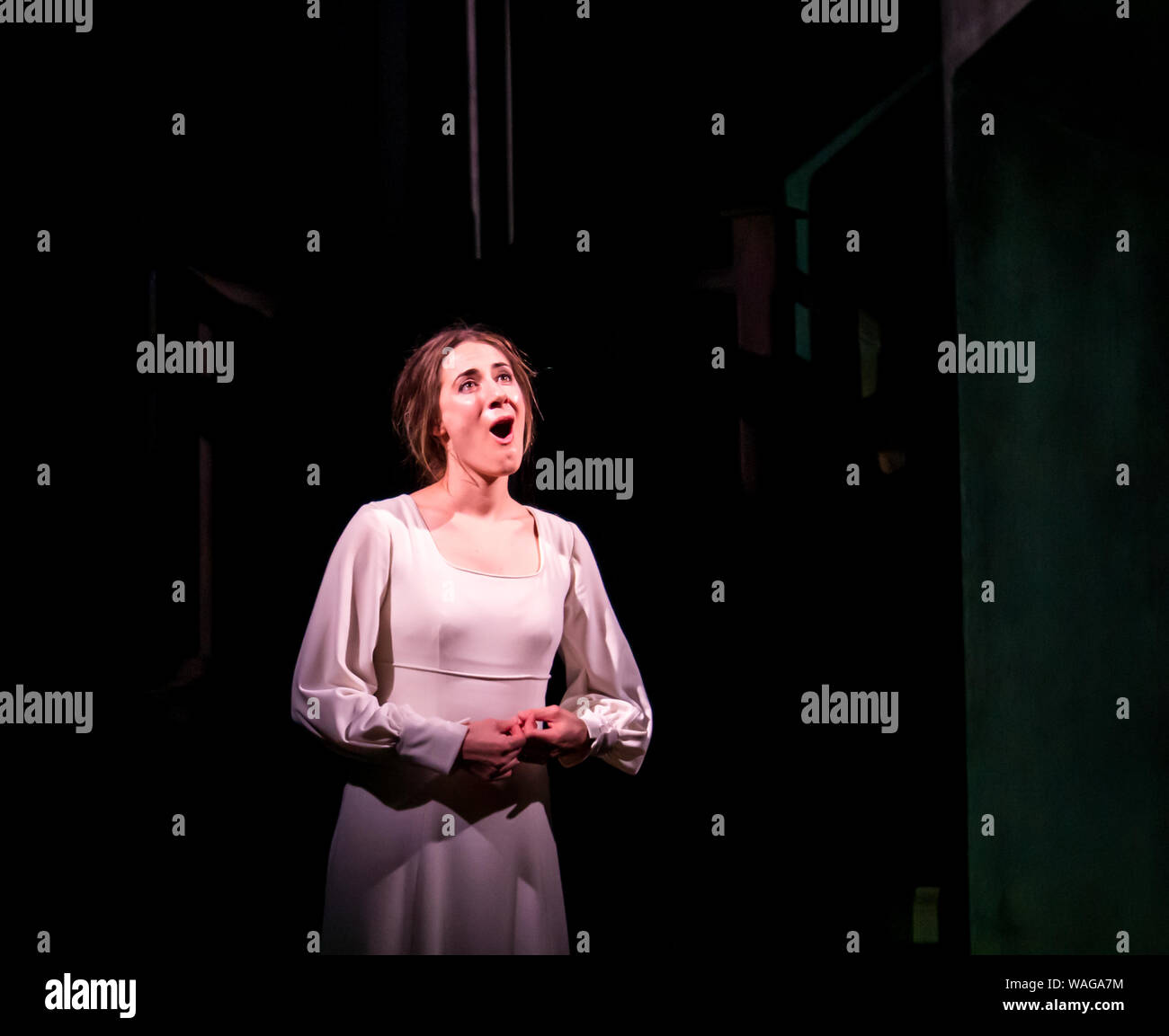 Edinburgh, Scotland, UK, 20 August 2019. Edinburgh International Festival. ‘Breaking the Waves’, the European premiere of an opera from US composer Missy Mazzoli and Royce Vavrek adapted from Lars von Trier’s controversial film at the King’s Theatre. Conductor is Stuart Stratford, and Director is Tom Morris. Sydney Mancasola as Bess McNeill, a collaboration between Scottish Opera, Houston Grand Opera and other operatic ventures Stock Photo