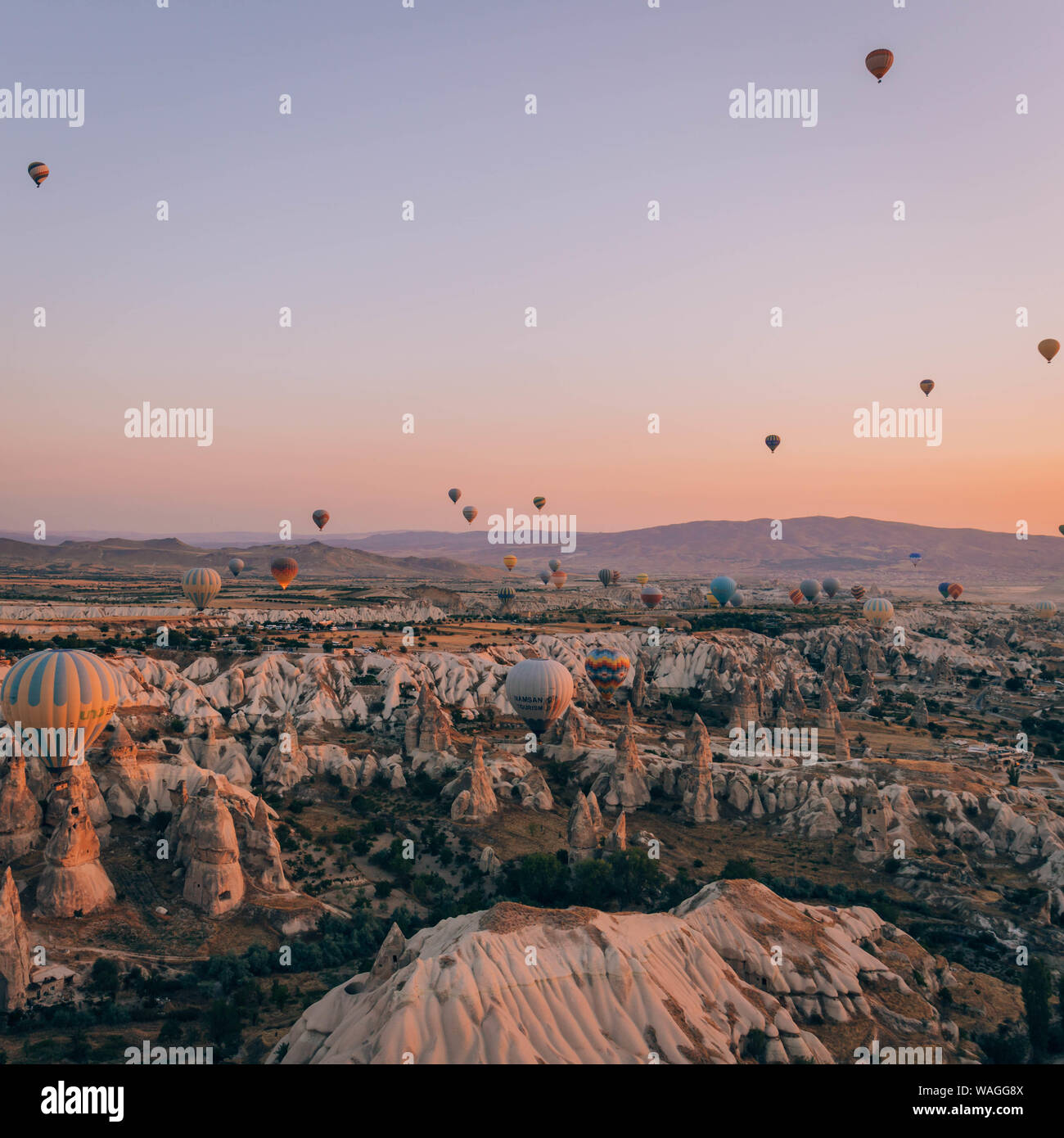 Cappadocia, Turkey sunrise with balloons from a balloon Stock Photo