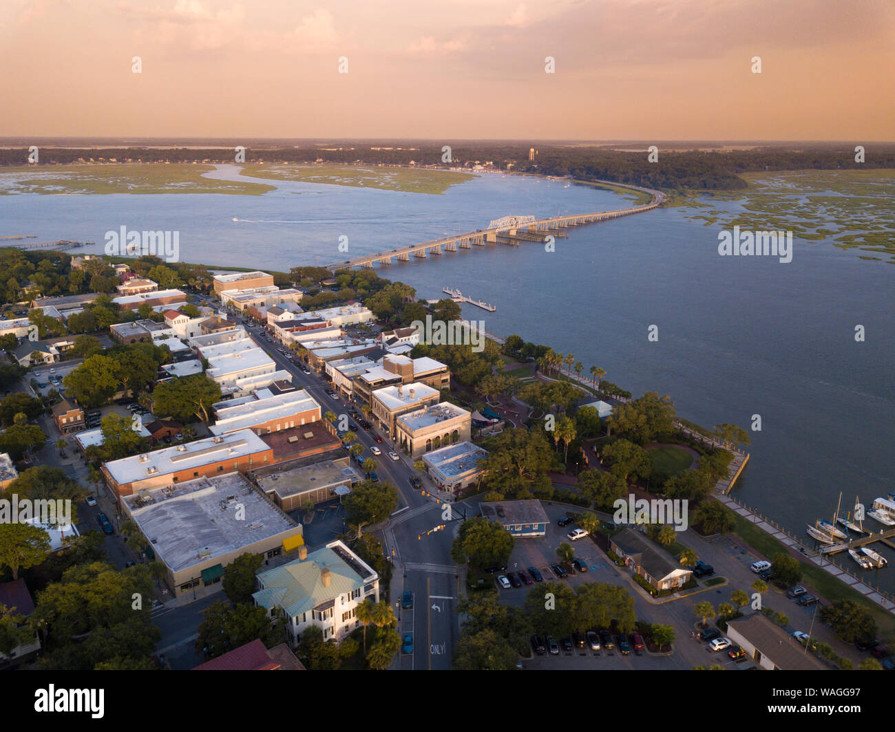 Aerial view of downtown Beaufort, South Carolina and river at sunset. Stock Photo
