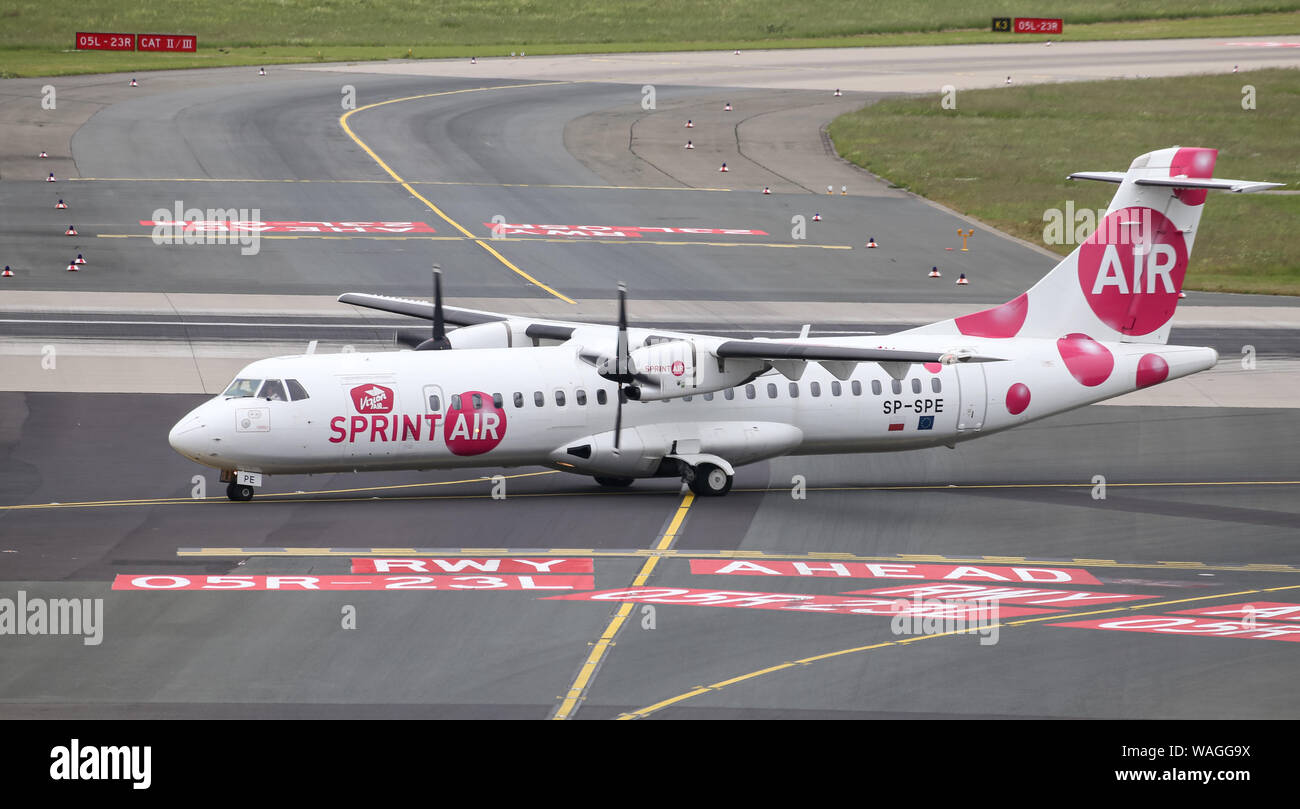 DUSSELDORF, GERMANY - MAY 26, 2019: Sprintair ATR 72-202 (CN 441) taxi in Dusseldorf Airport. Stock Photo