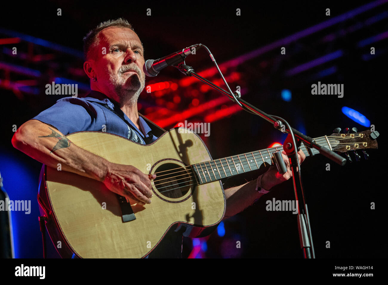 Singer songwriter and acclaimed guitarist Martin Simpson at the 2019 Sidmouth Folk Week Festival. Stock Photo