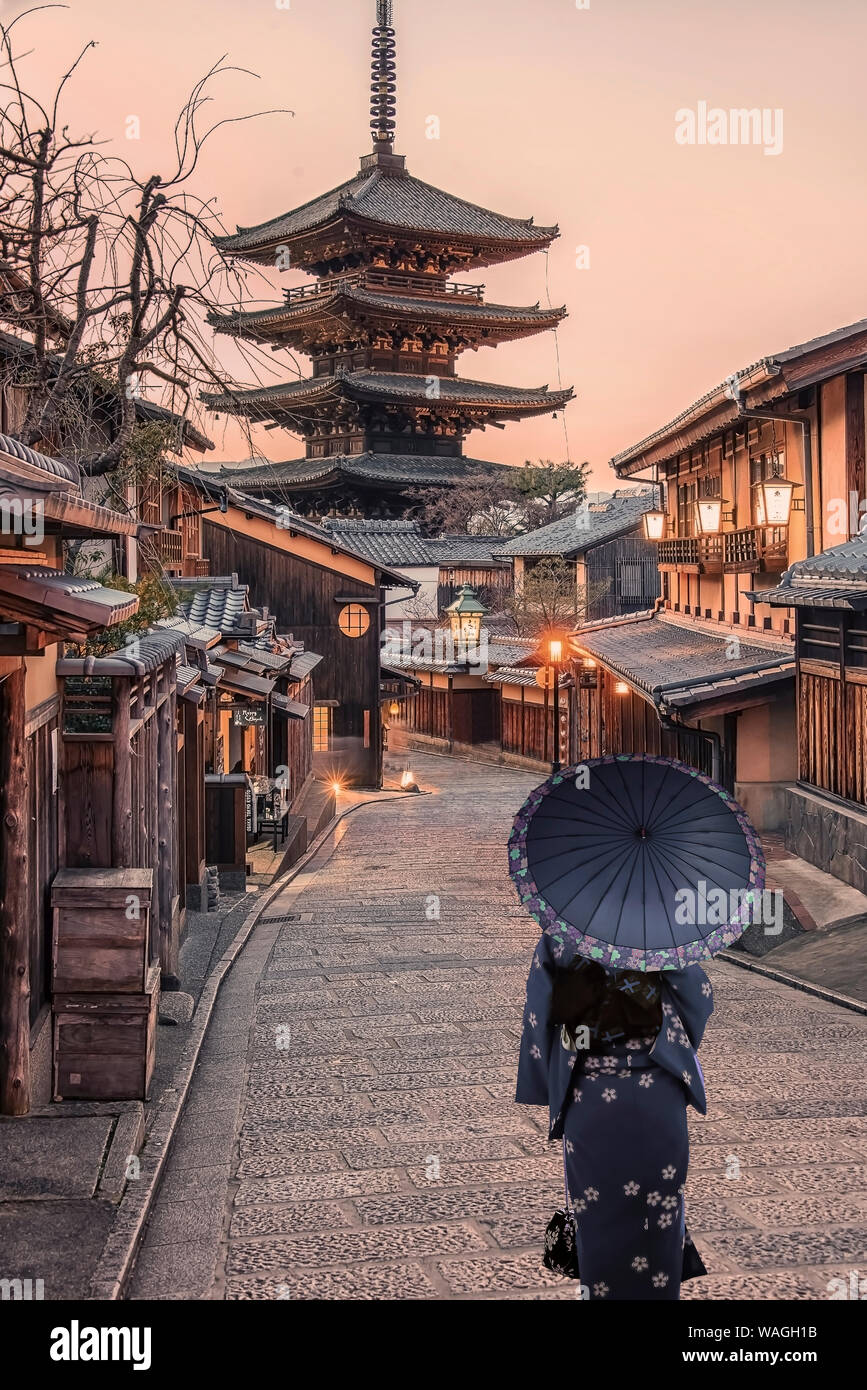 Traditional street in the old Kyoto at sunset Stock Photo