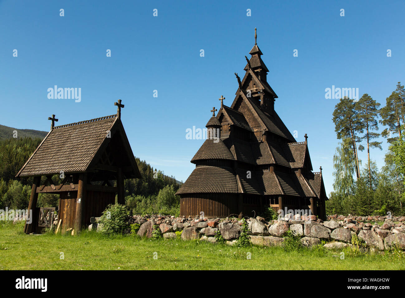 Stave church in Gol against a blue sky, Norway Stock Photo