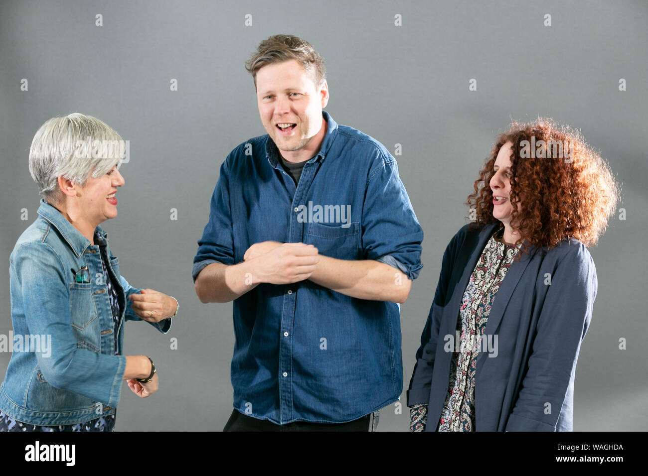 Edinburgh, Scotland, UK, 20 Aug 2019. Pictured at the Edinburgh Book Festival, L to R, Tracey Thorn, singer, songwriter and author, Max Porter, 2019 Booker long listed author, Maggie O'Farrell, Irish-British Novelist. Credit: Brian Wilson/Alamy Live News Stock Photo
