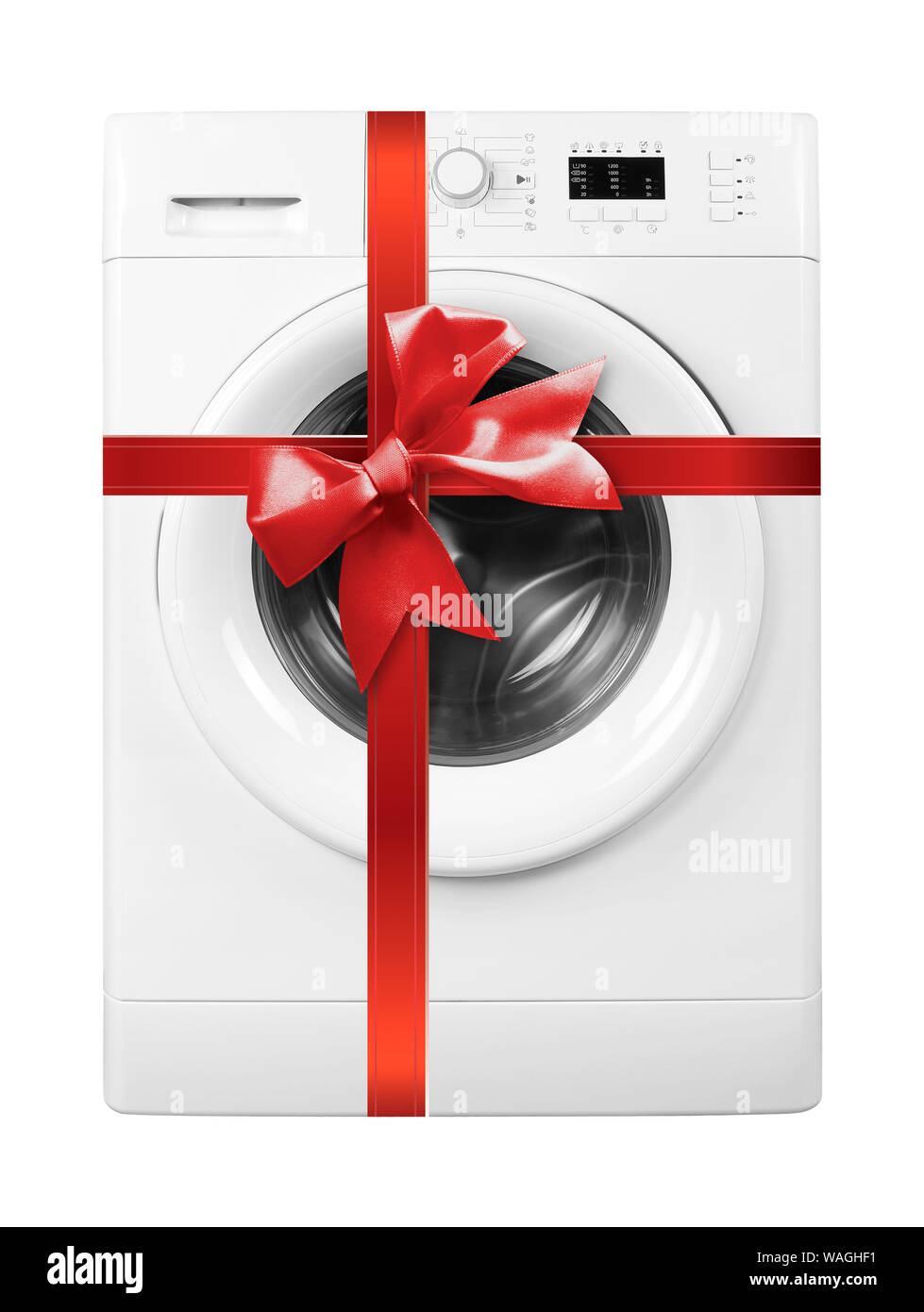 Major appliance - Front view washing machine gift tied red bow isolated on a white background Stock Photo