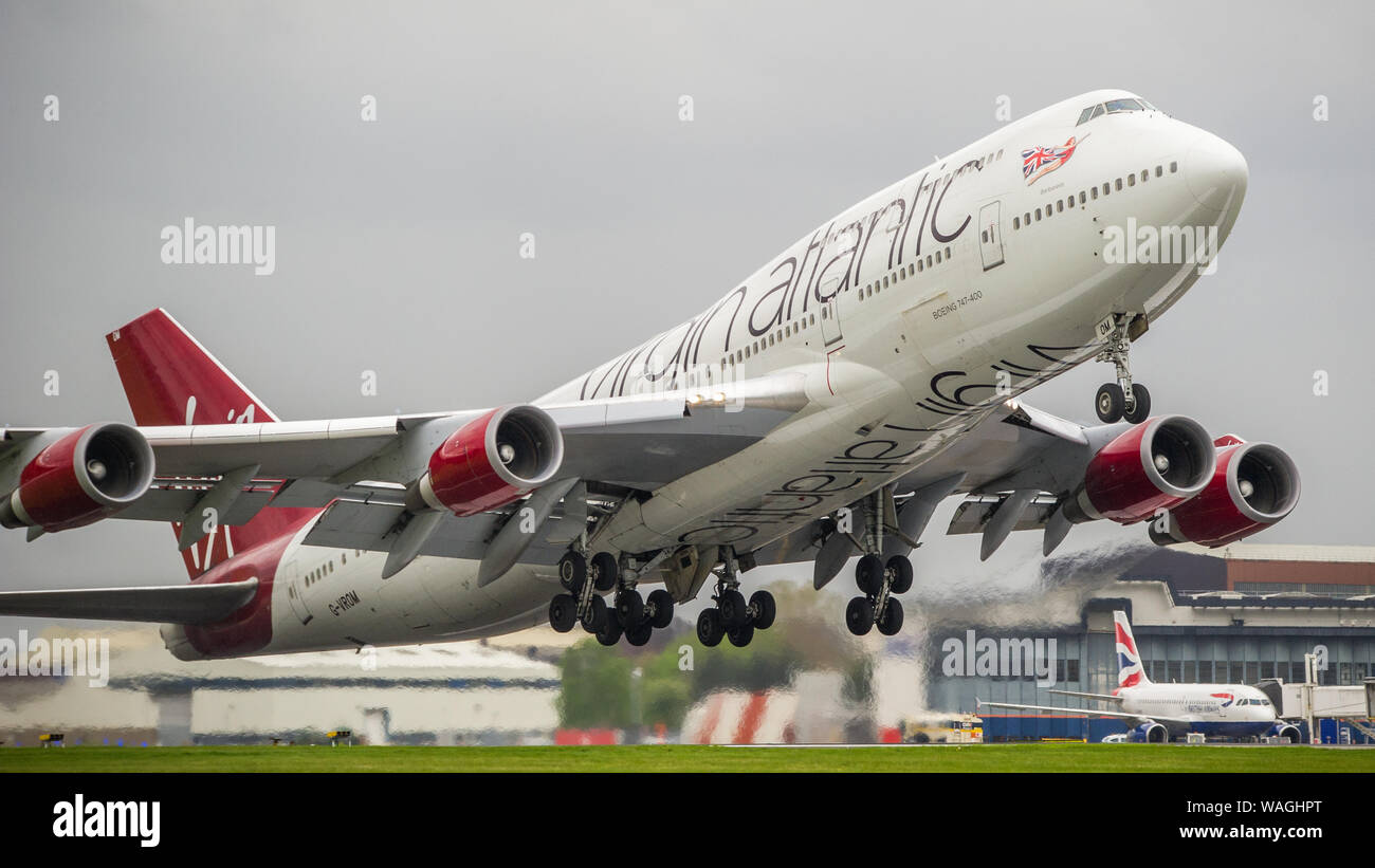 Glasgow, UK. 26 April 2019. Virgin Atlantic Boeing 747-400 (reg G-VROM) seen departing Glasgow International Airport for Florida.  Virgin Holidays operate a special service from Glasgow every summer to accommodate the high volume of Scottish tourists who seek the Florida sunshine.   Note: This aircraft was also involved in a serious incident on the 29th December 2014 as flight VS43 Boeing 747-400 G-VROM conducted an emergency landing at London's Gatwick Airport. VS43 was en-route to Las Vegas (LAS) when the pilots became aware of a landing gear issue involving the right-wing undercarriage.  Co Stock Photo