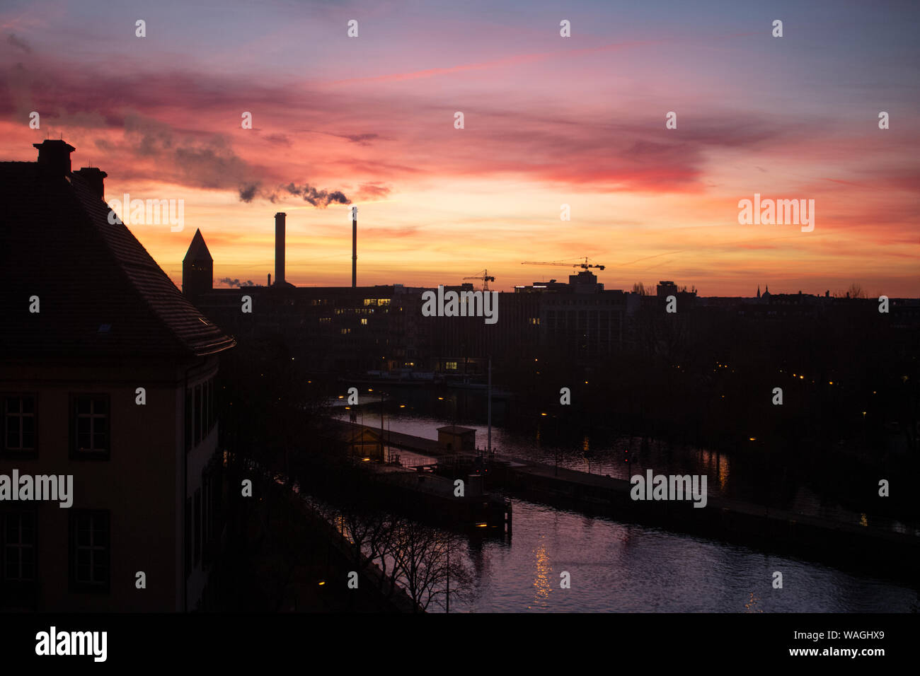 Sunrise view of the Berlin skyline and Spree River in Berlin, Germany. Stock Photo