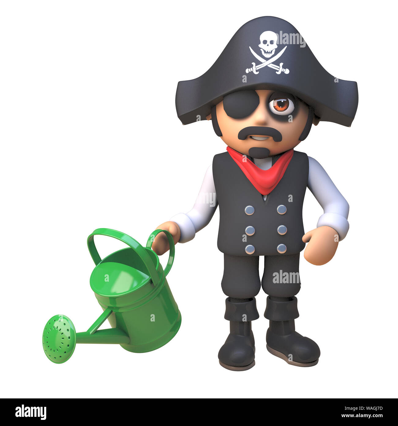 3d pirate captain cartoon character waters the garden with a watering can, 3d illustration render Stock Photo