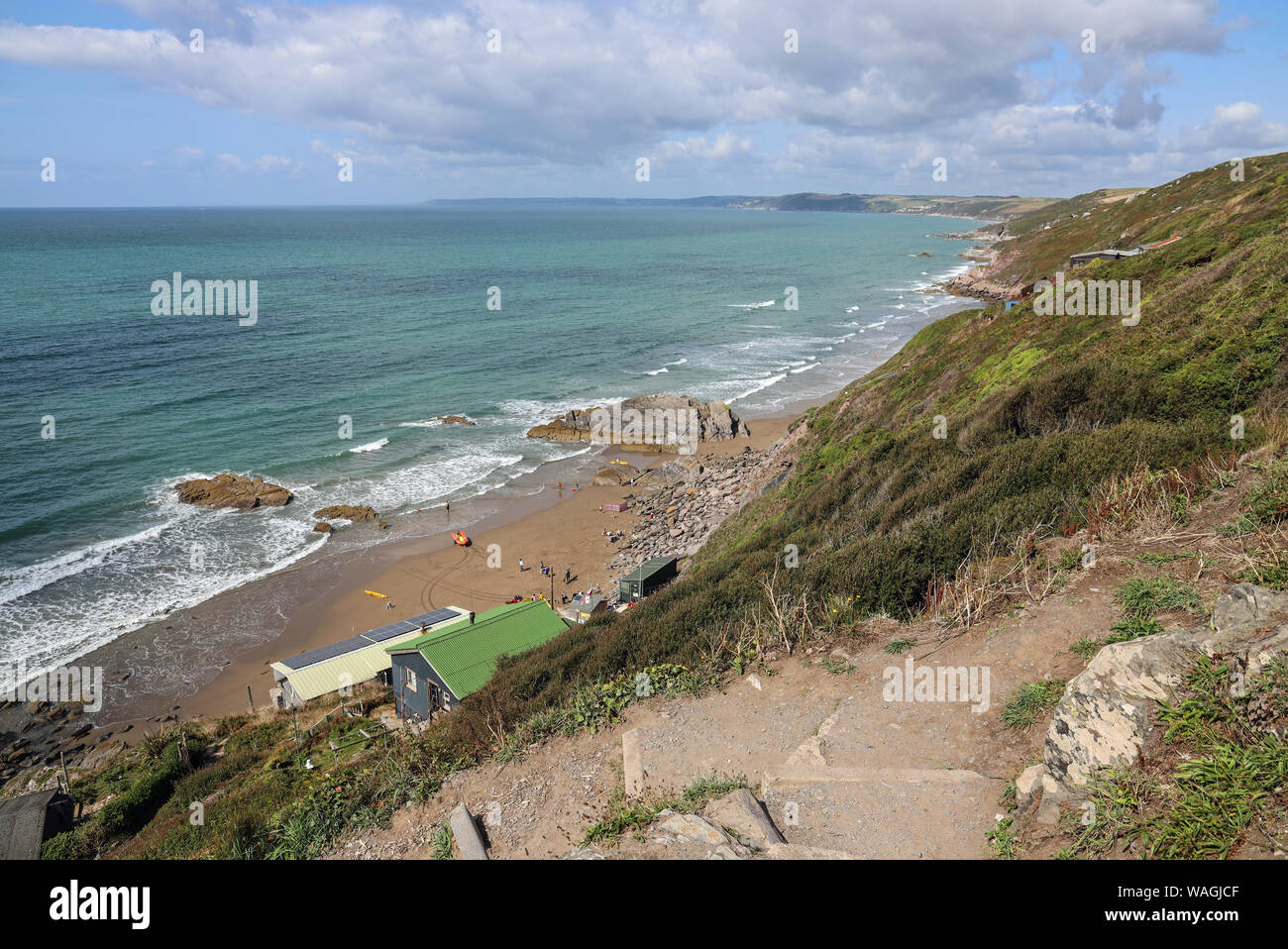 Uneven steps add to the excitement of a visit to Tregonhawke Beach, Whitsand Bay, Rame, Cornwall Stock Photo