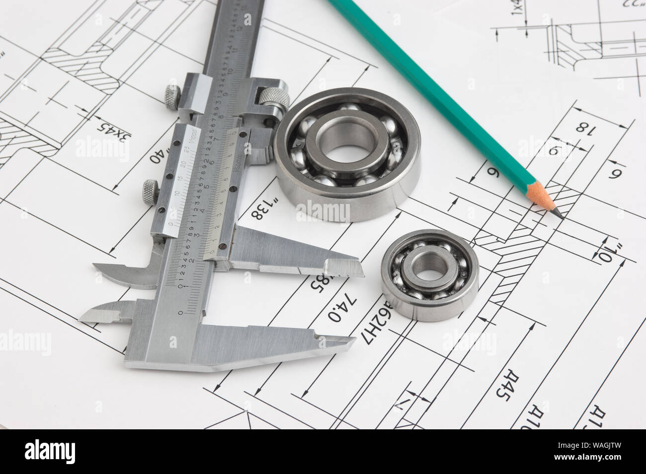 technical drawing and caliper with bearing Stock Photo Alamy