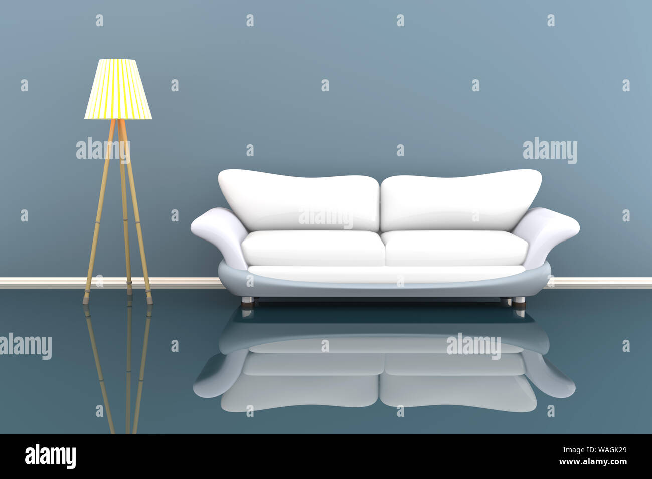 3d Illustration Of A Lamp And A White Sofa In A Grey Room Stock