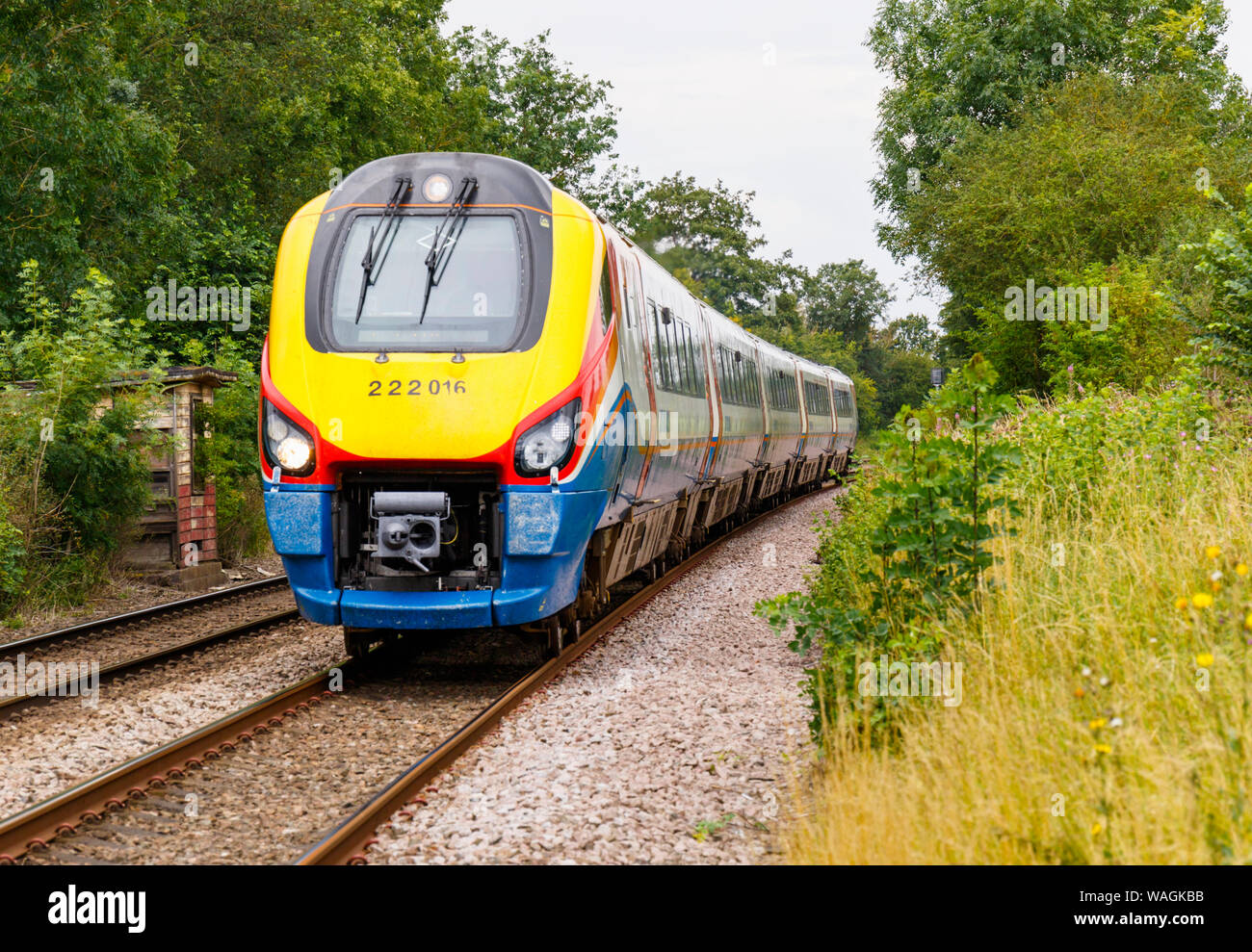 East Midlands Trains. Class 222 Meridian diesel-electric-multiple-unit  high speed train. Between Melton Mowbray and Oakham. Now East Midlands Railway Stock Photo