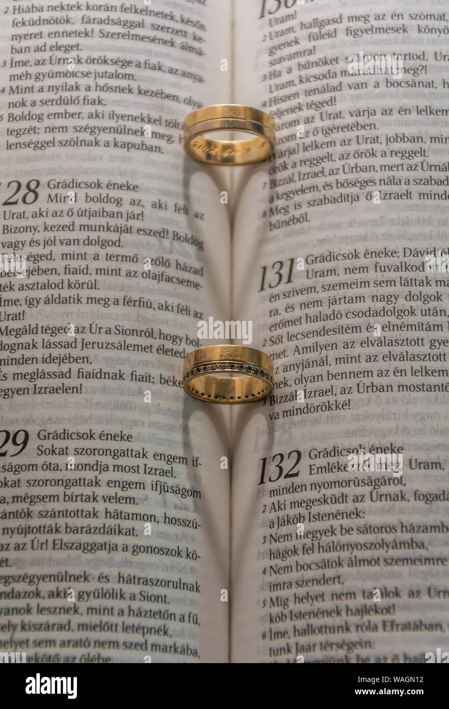 Rings Forming A Heart Of Shadow On A Bible This Image Represents Unity Love And Closeness Between A Couple Ring S Shadow Creating A Heart On A Book Stock Photo Alamy
