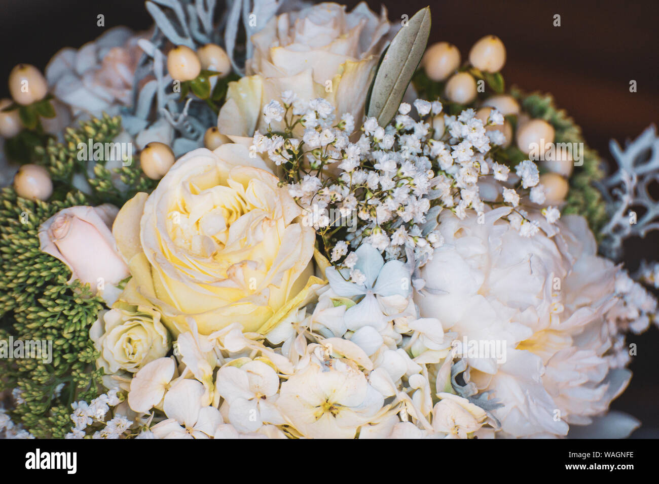 detail of roses and decorative flowers used to celebrate weddings Stock Photo