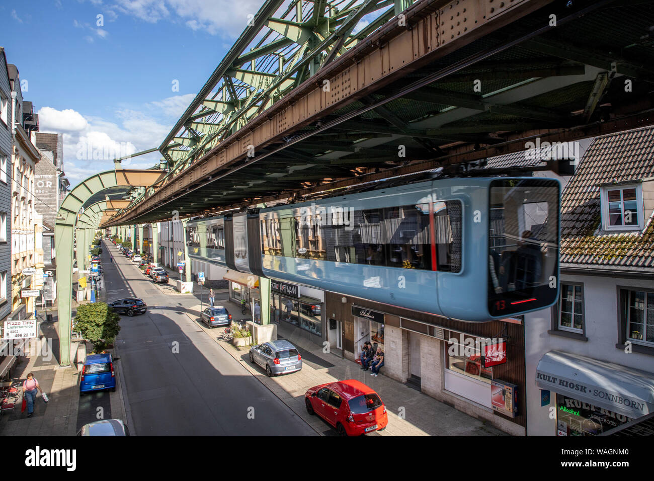 The Wuppertal suspension railway, train of the latest generation 15, Wuppertal, Germany, Sonnborner Strasse, Street, Stock Photo